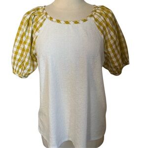 Anthropologie White Top w/Gold,Yellow,White Gingham short Puff Sleeves Size XL